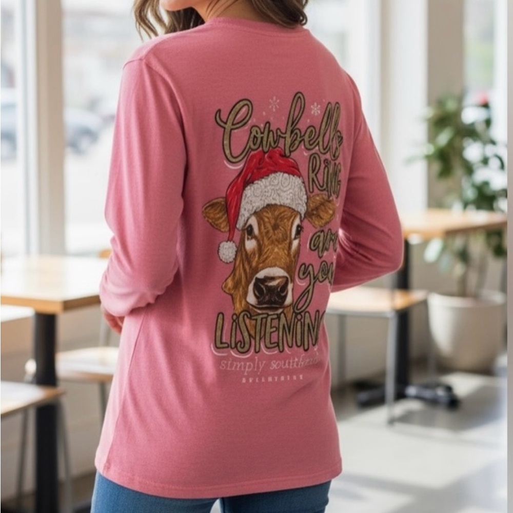 Simply Southern T-shirt cowbells Christmas Cow long sleeve  Sz M